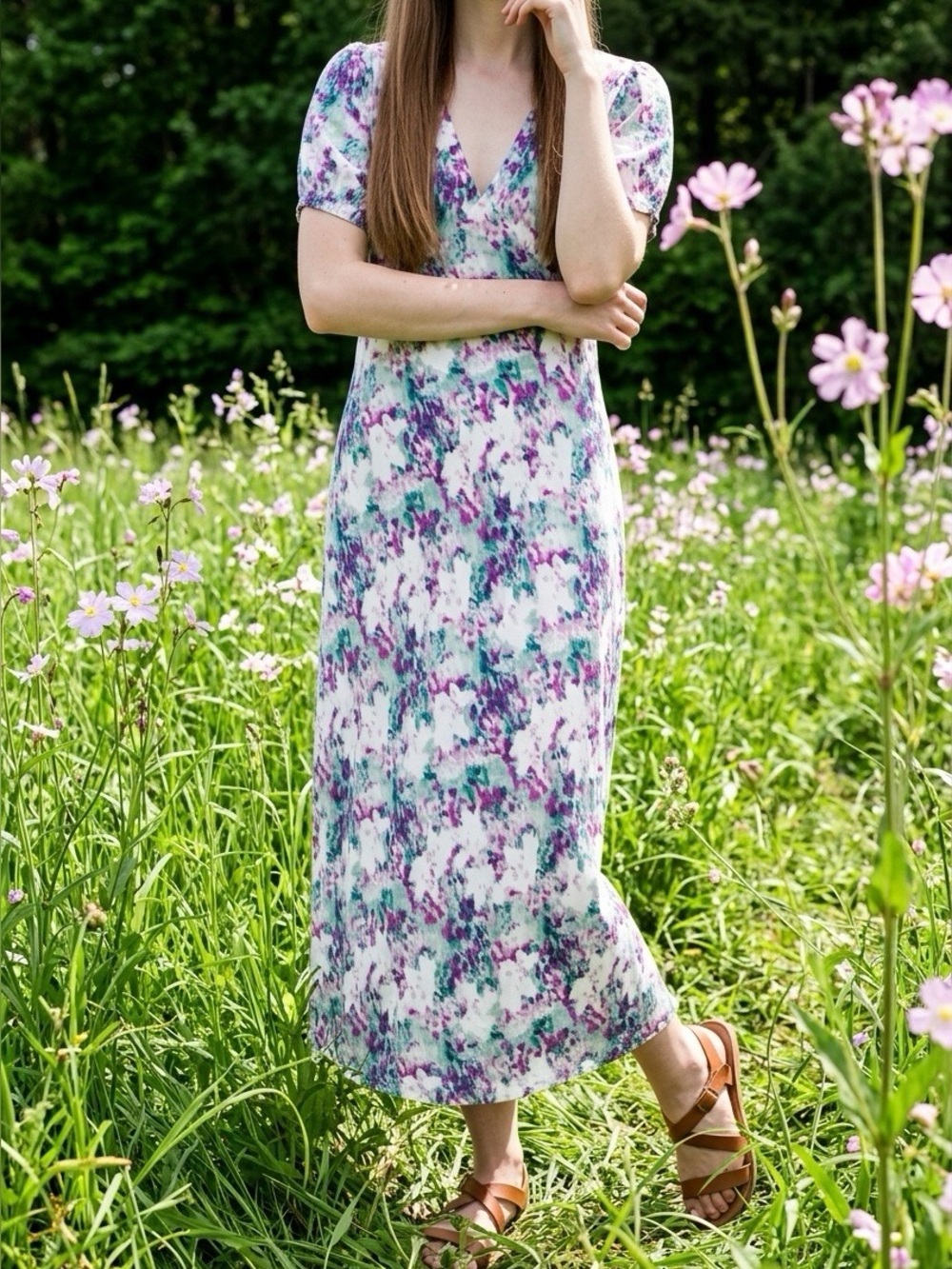 NWOT a new day White Maxi Dress with Teal & Purple Floral Print